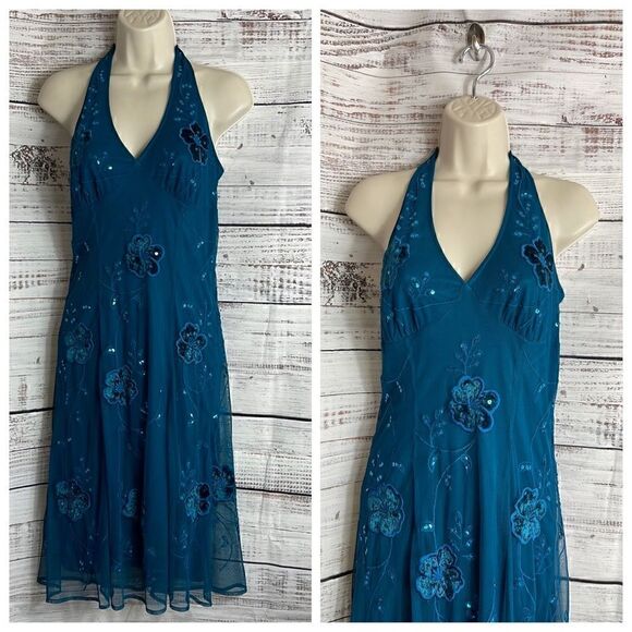 Vintage Newport News Dress Womens Halter y2k 90s embroidered sequin Fairy Teal - Picture 1 of 12